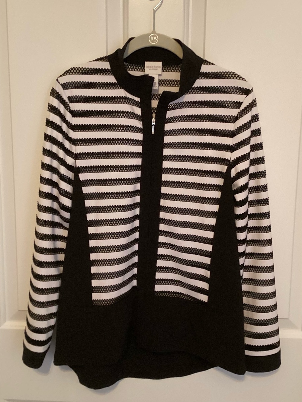Chico's Black & White Striped Zip-Front Sweater Cardigan